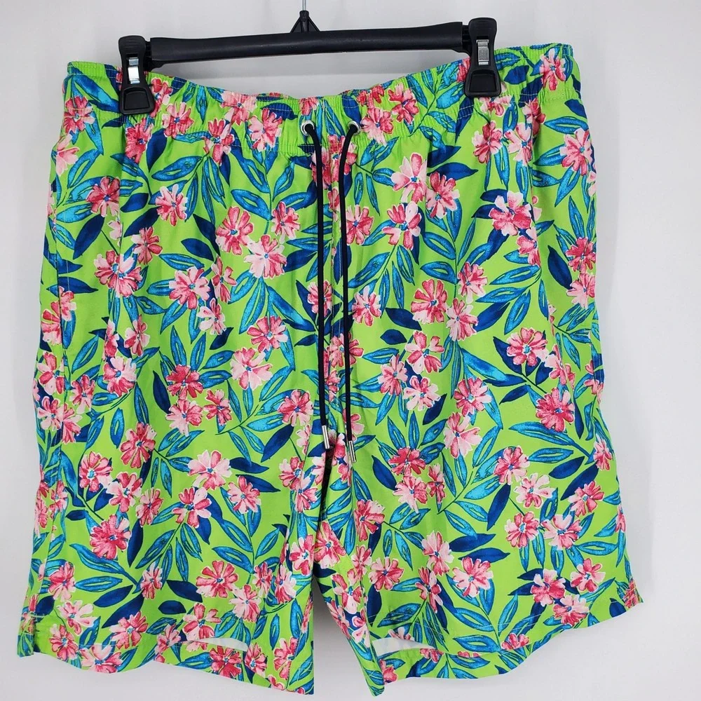 Lands' End Men's Swim Trunks Floral Print Green Pink Blue Size L